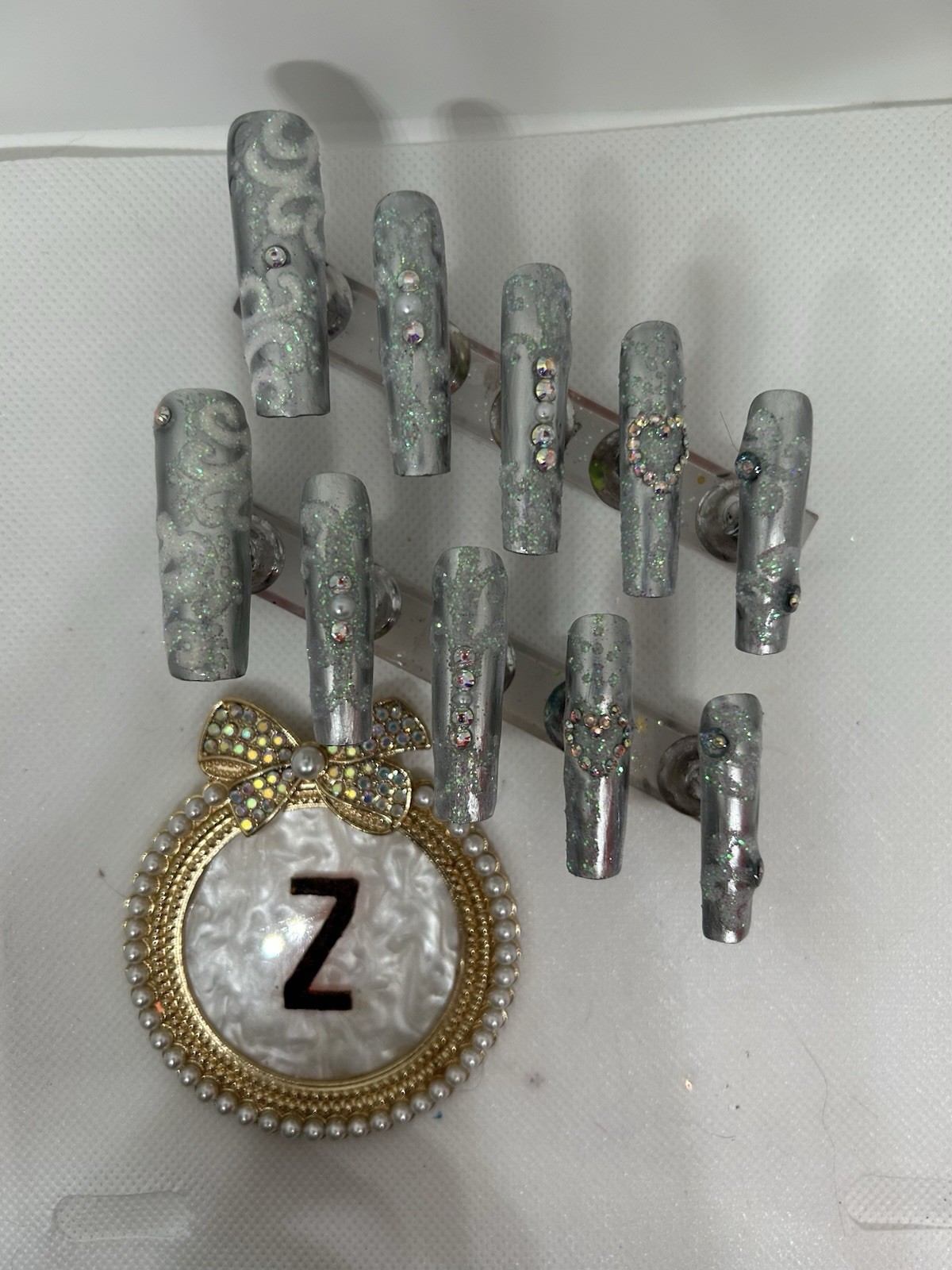 Z. NAILZ! Handmade XXL Square Silver Bling Wedding Or Anniversary Press On Nails