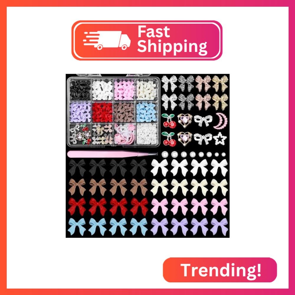 3D Bows Nail Charms Gems, Heart Cherry Bowknot Alloy Nail Gems, Pink Color White