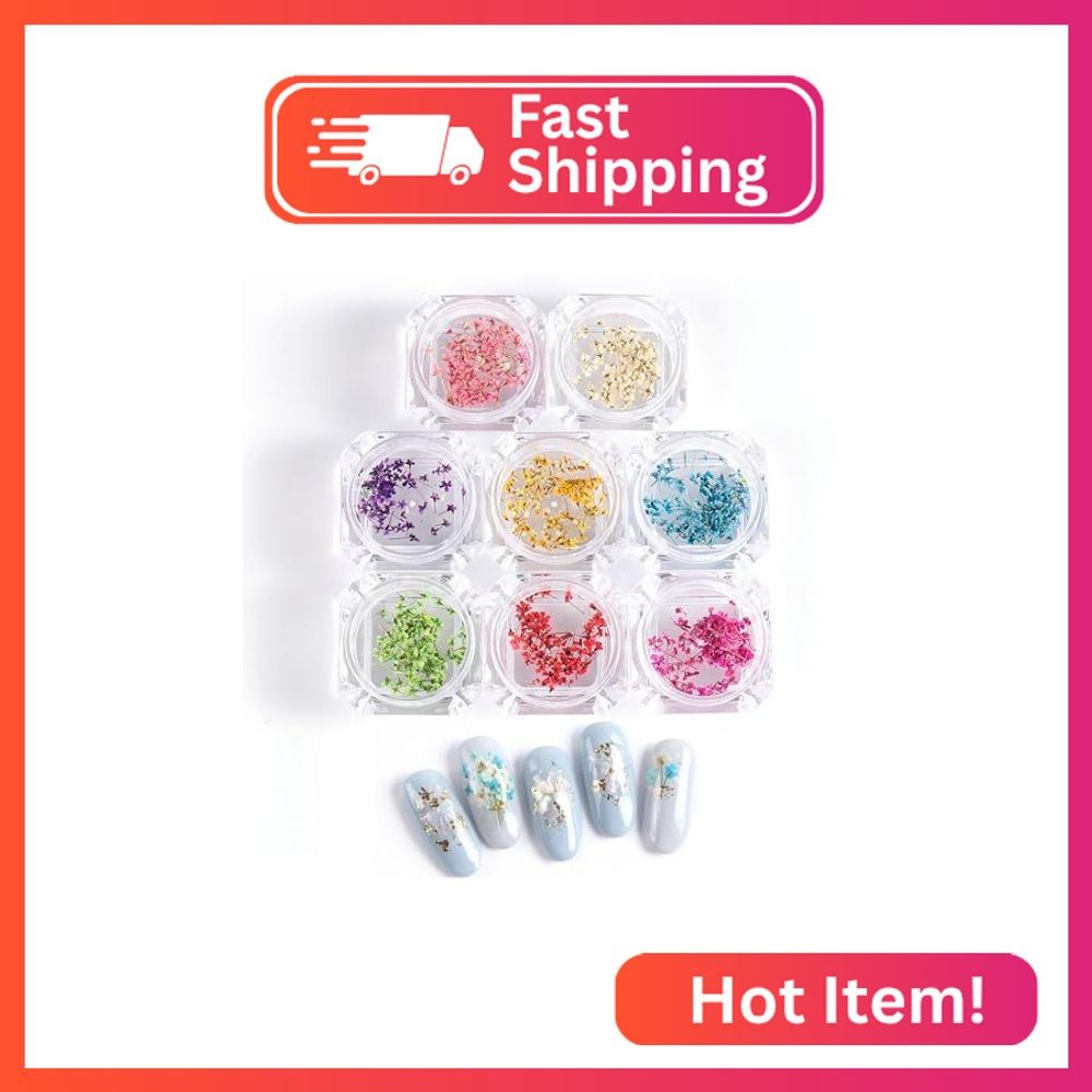 WOKOTO 8 Boxes Mini Dry Flowers Nail Art Stickers 3D Spring Floral Nail Decals C