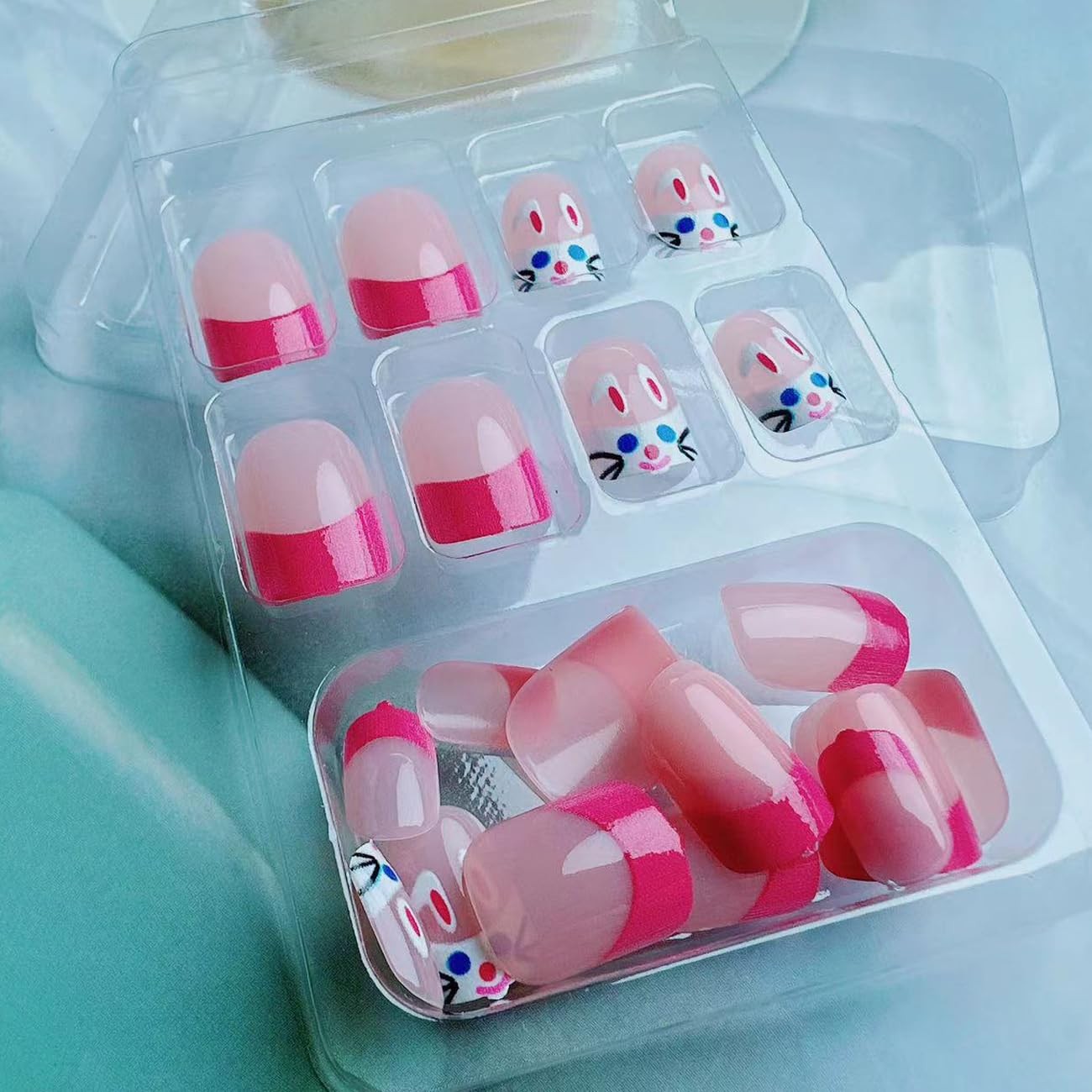Easter Press on Nails Short Pink French Fake Nails Cute Rabbit Design Square …