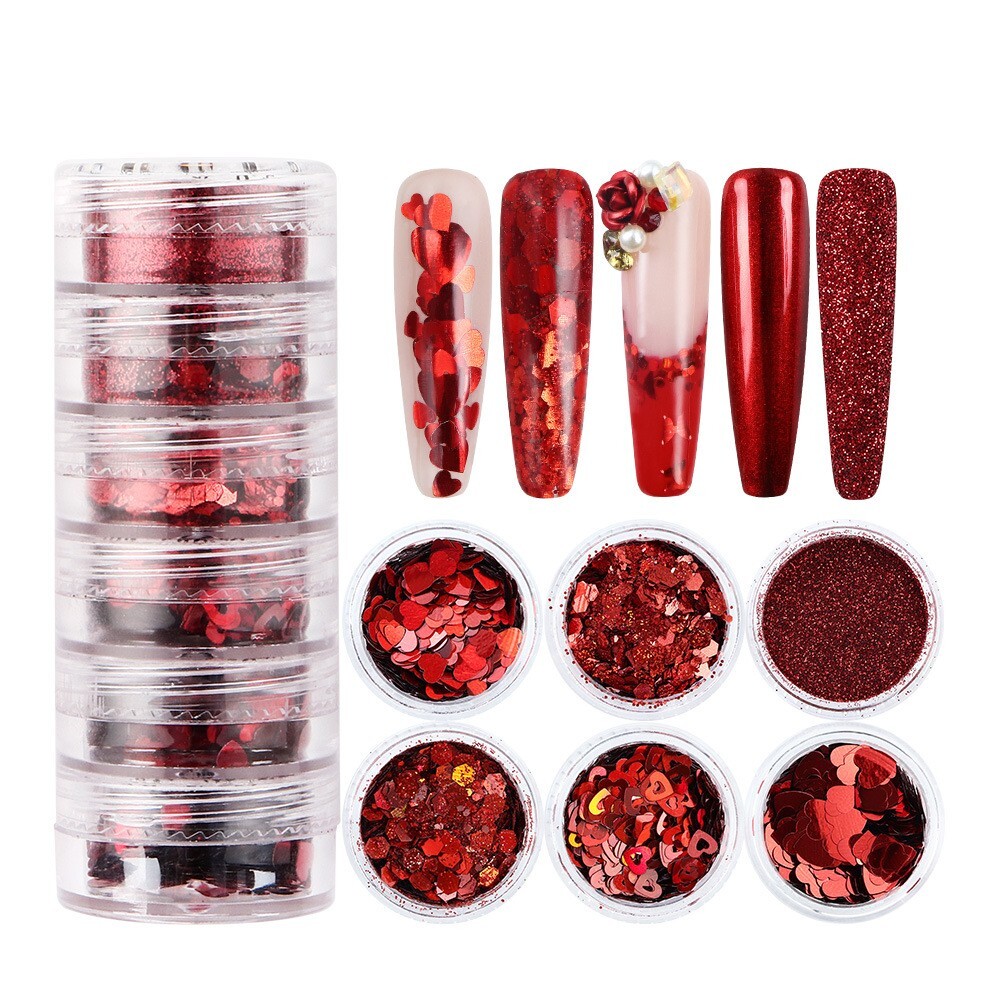 6 Pots Red Nail Art Powder Sequins Set for Valentine’s Day Glitter Flakes DIY De