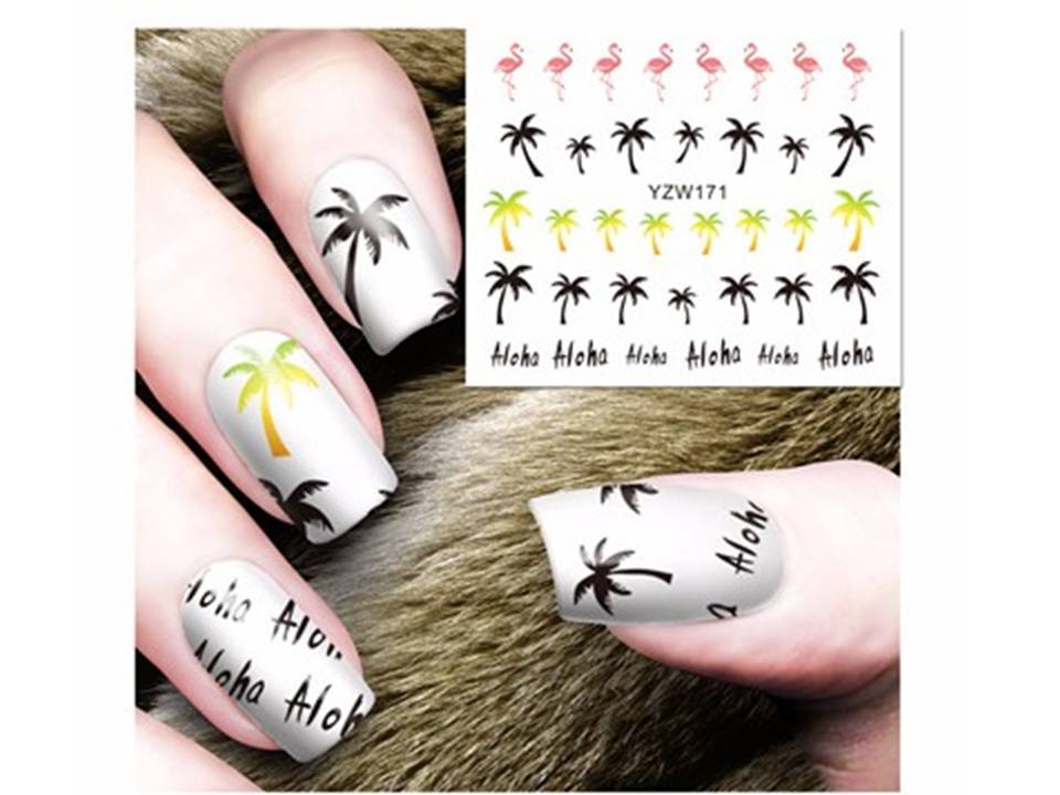 Nail Art Water Transfer Sticker Palm Tree Aloha Feather Flamingo Bird Decals DIY