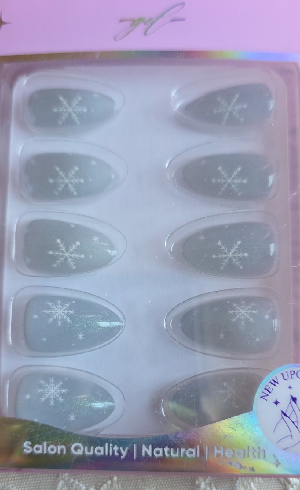 Jofay Fashion Pastel Blue With White Snowflake And Glitter – Press-On Nails