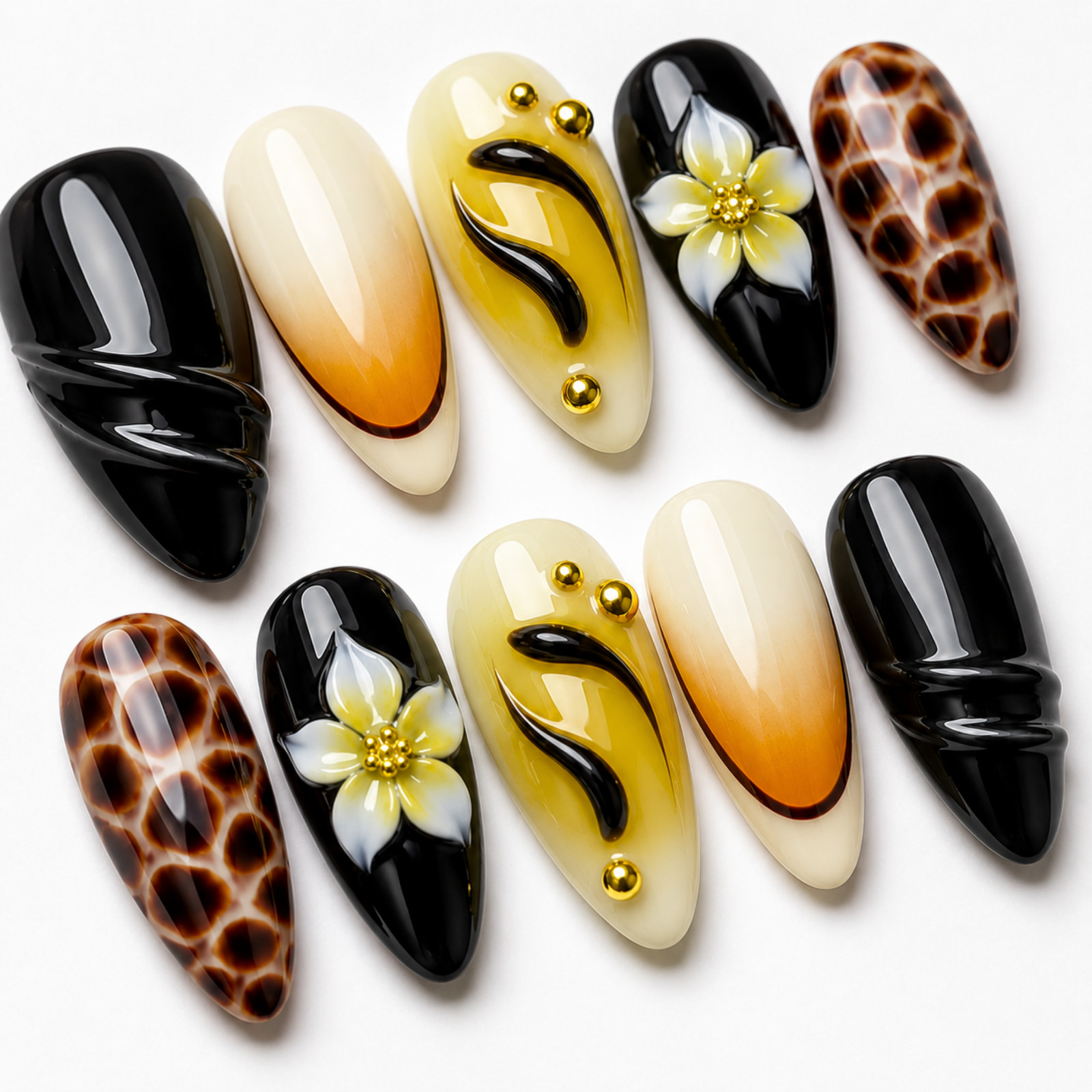 Handmade Black Amber 3D Floral Leopard Press On Nails Custom Set