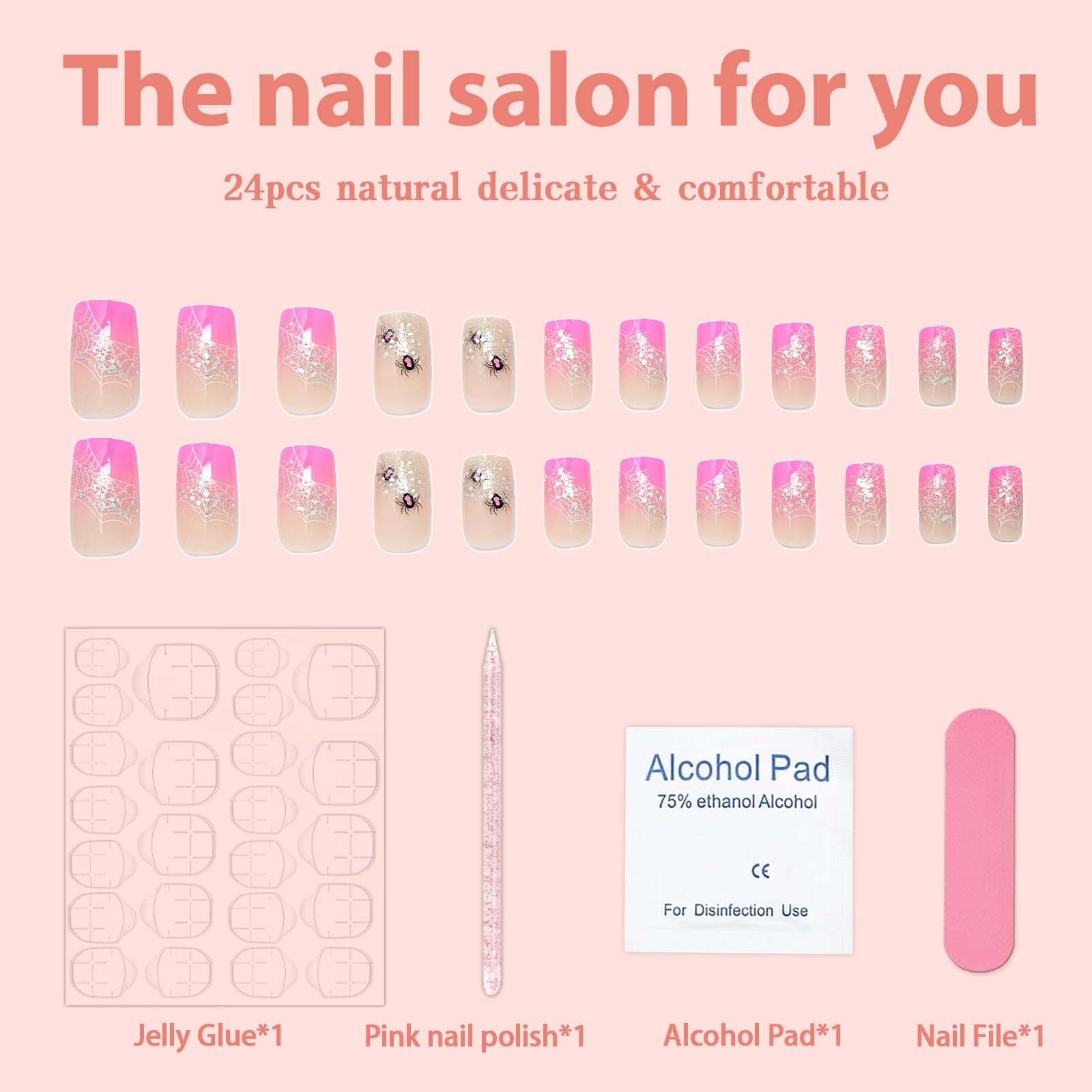 24Pcs Halloween Press on Nails Short Square Pink Fake 4*2*0.3in, Multicolor