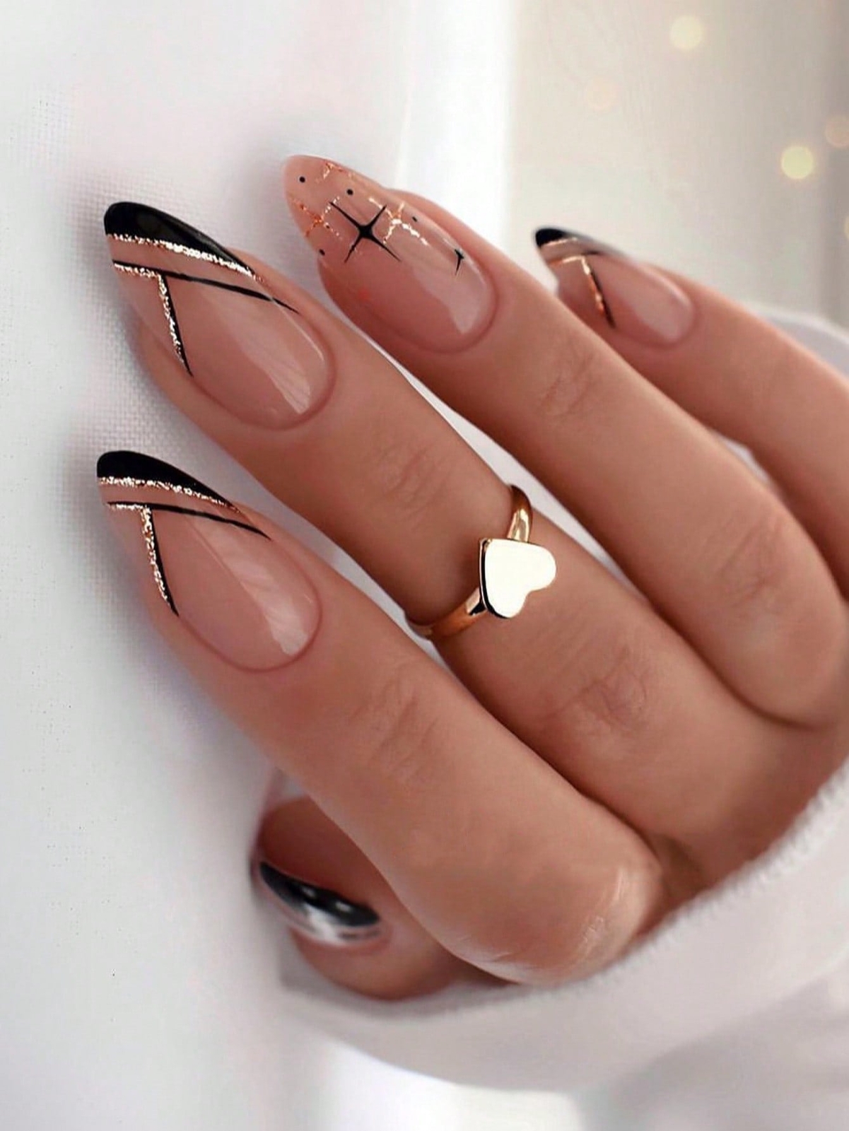 24pcs Long Almond Black Glitter Line Fake Nail Press On Nails False Nails Glue