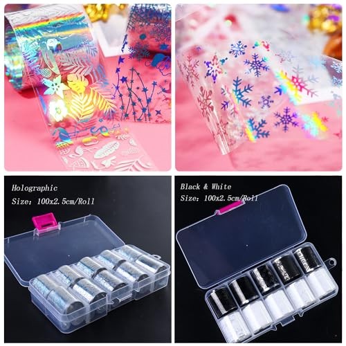 20 Roll Nail Foil Transfer Sticker Kit – Black, White, Lace, Flower &