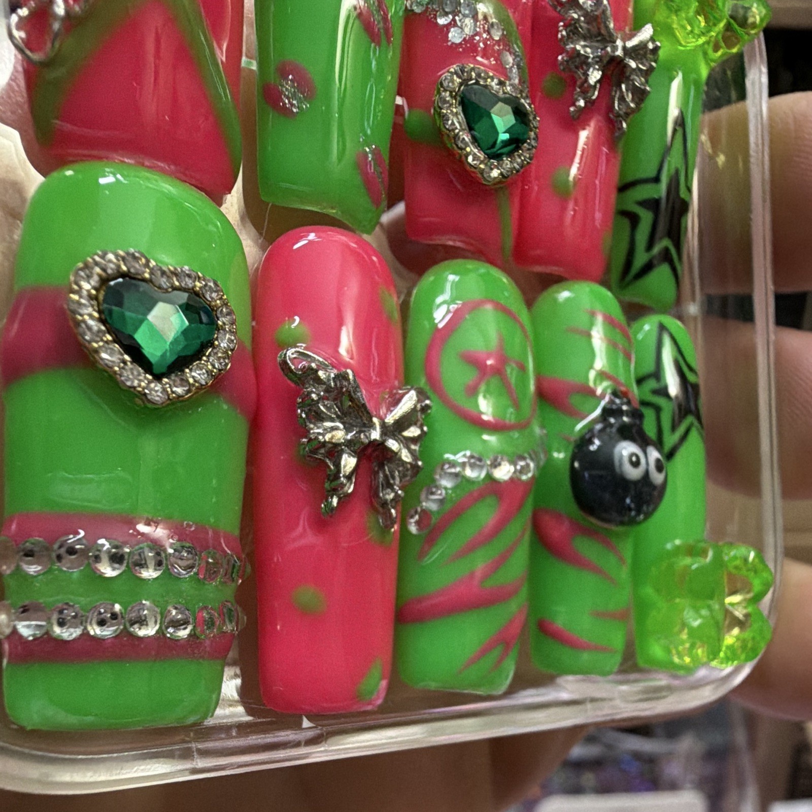 3D Glitter Coffin Press-On Nails Long Full Cover Green Pink Shiny Star