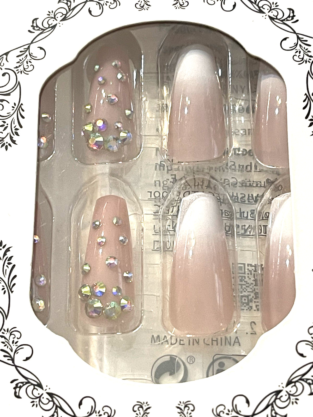For Wonderful Nail Collection NUDE to WHITE OMBRÉ & STONES Press On Manicure NIB