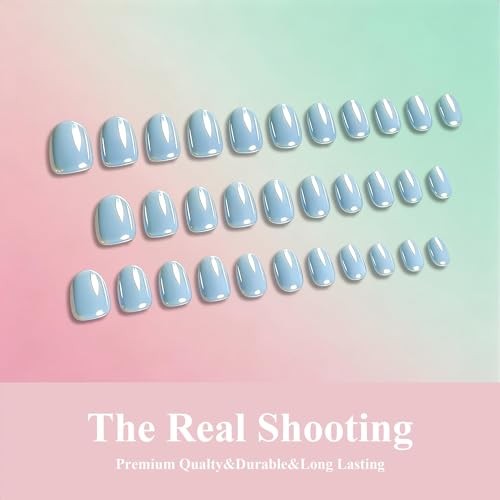Pastel Blue Chrome Press On Nails – Shiny Extra Short – Almond Baby Blue