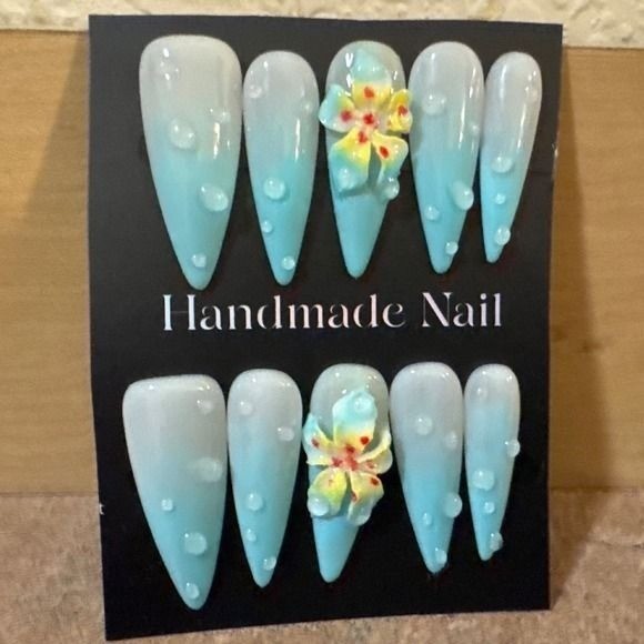 Blue Ombre Stiletto Press On Nails with 3D Water Droplets and Tropical Flowers