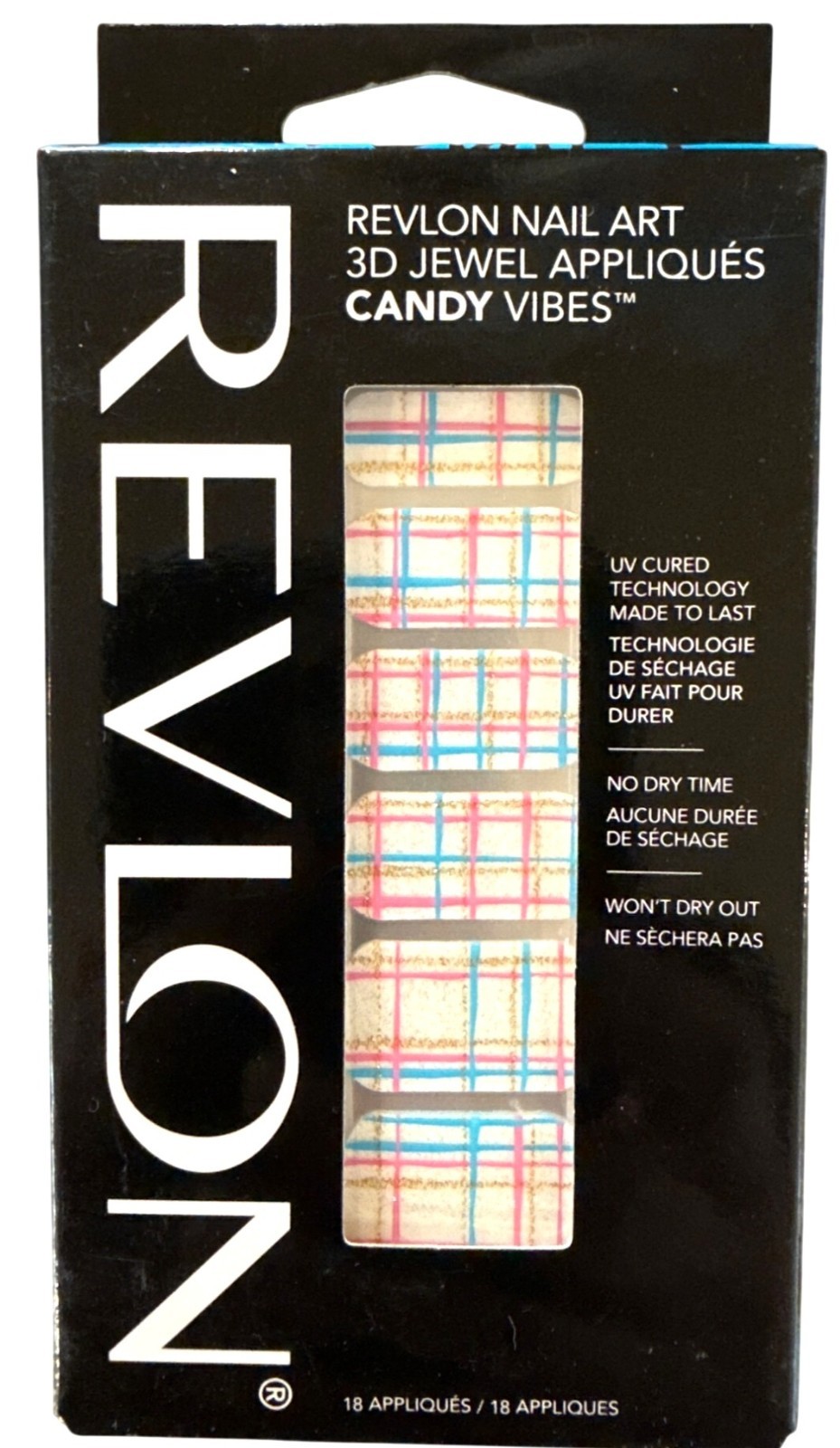 Revlon CANDY VIBES 18 Strips Nail Appliques FROSTING Blue+Pink+Gold+Cream PLAID