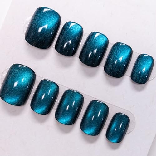Square Press on Nails – Short Fake Nails with Glitter Cat Eye Designs