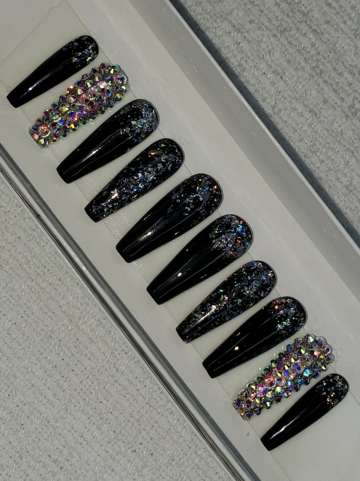 Black holographic glitter bling press on nails holo diamond crystal ballerina