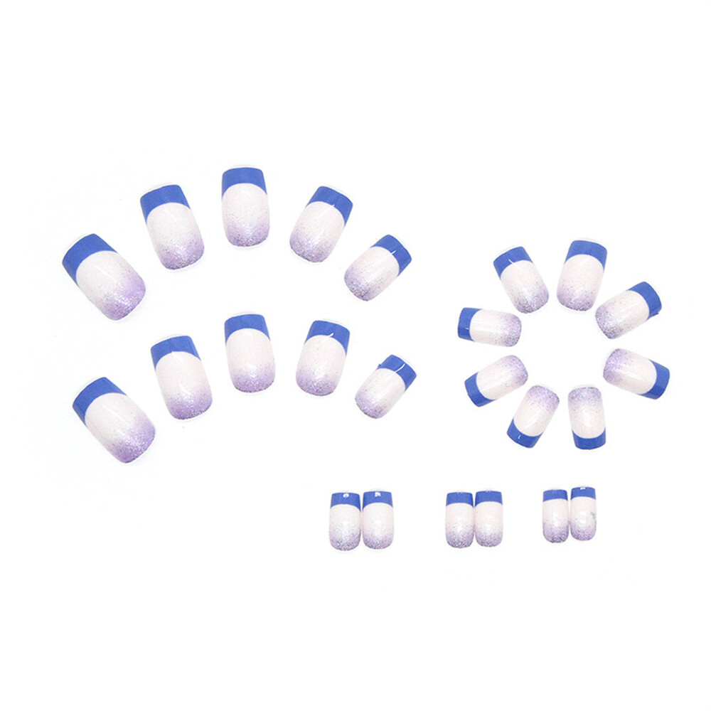 French Gradient Blue False Nail Short Square Press on Nails for Nail Art 24pcs