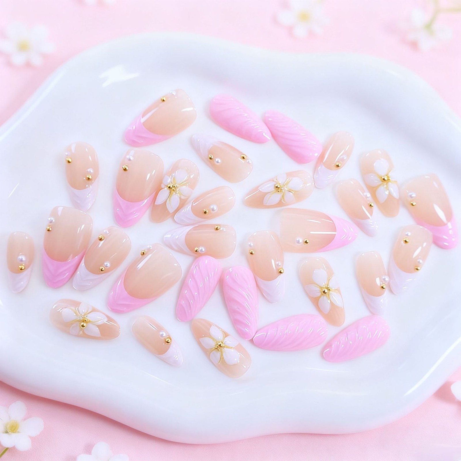 Pink White 3D Floral Almond Press On Nails | Gold Studded False Nails