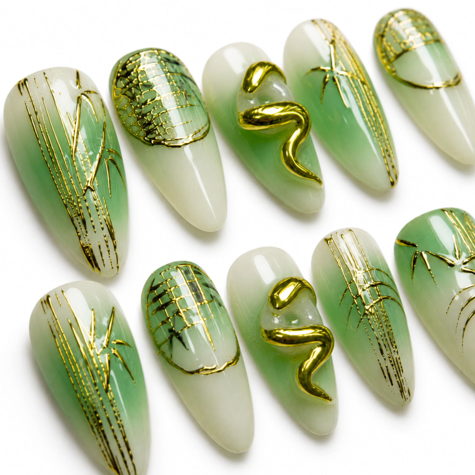 Handmade Green Gold 3D Press On Nails Long Almond Bamboo Art