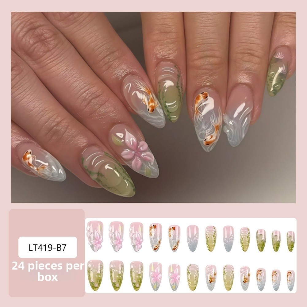 White Almond Press On Nail Stickers 24PCS 3D Floral Goldfish ABS Nail Art