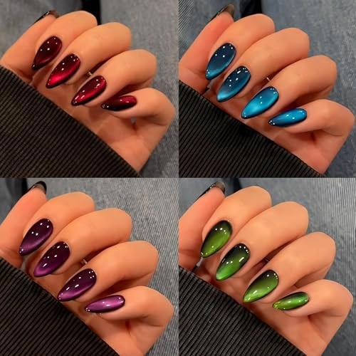 4 Packs Gel Press On Nails Almond, Cat Eye Press On Nails Medium cateye almond