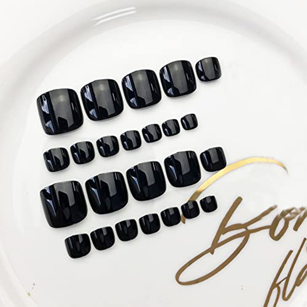 Black Press On Toe Nails Home Pedicure False Tips Artificial Fake Toenails Set
