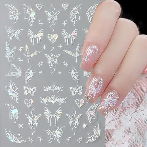 8pcs Metallic Silver Butterfly Nail Stickers 3D Laser Black Butterfly 1