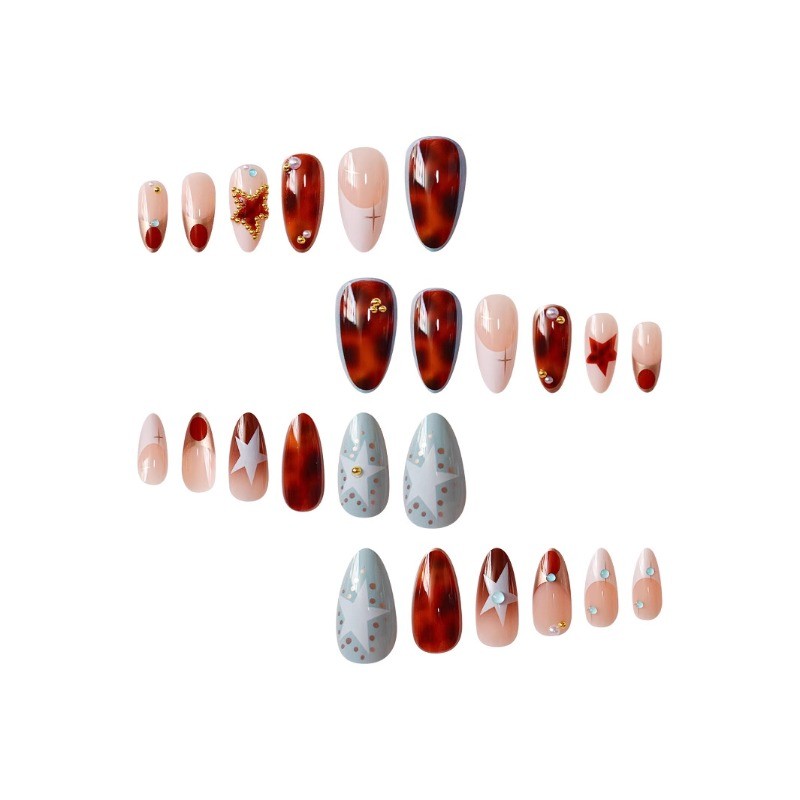 24Pcs-Amber Star Rhinestone Press on Nails Glossy Almond Nail Art Set for Women
