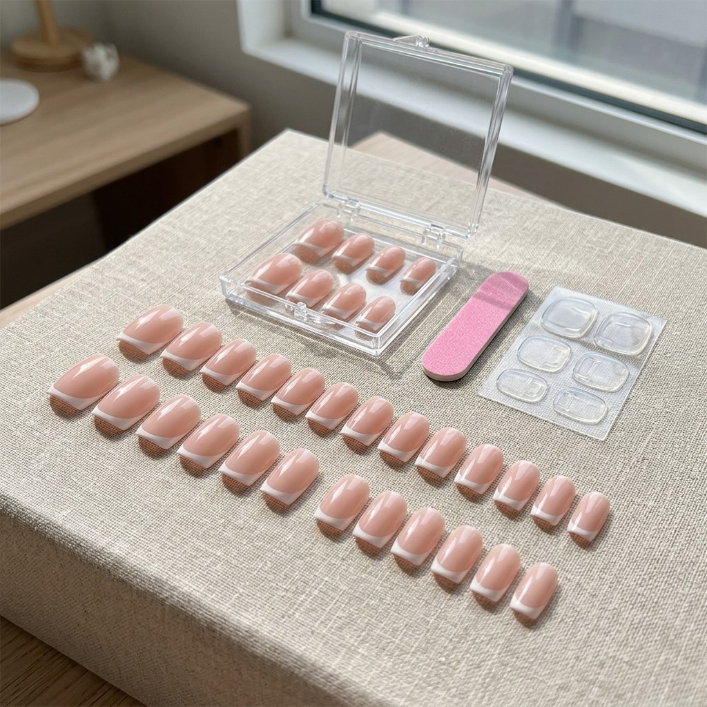 24Pcs Short French Tip Press On Nails Pink White False Nail Kit