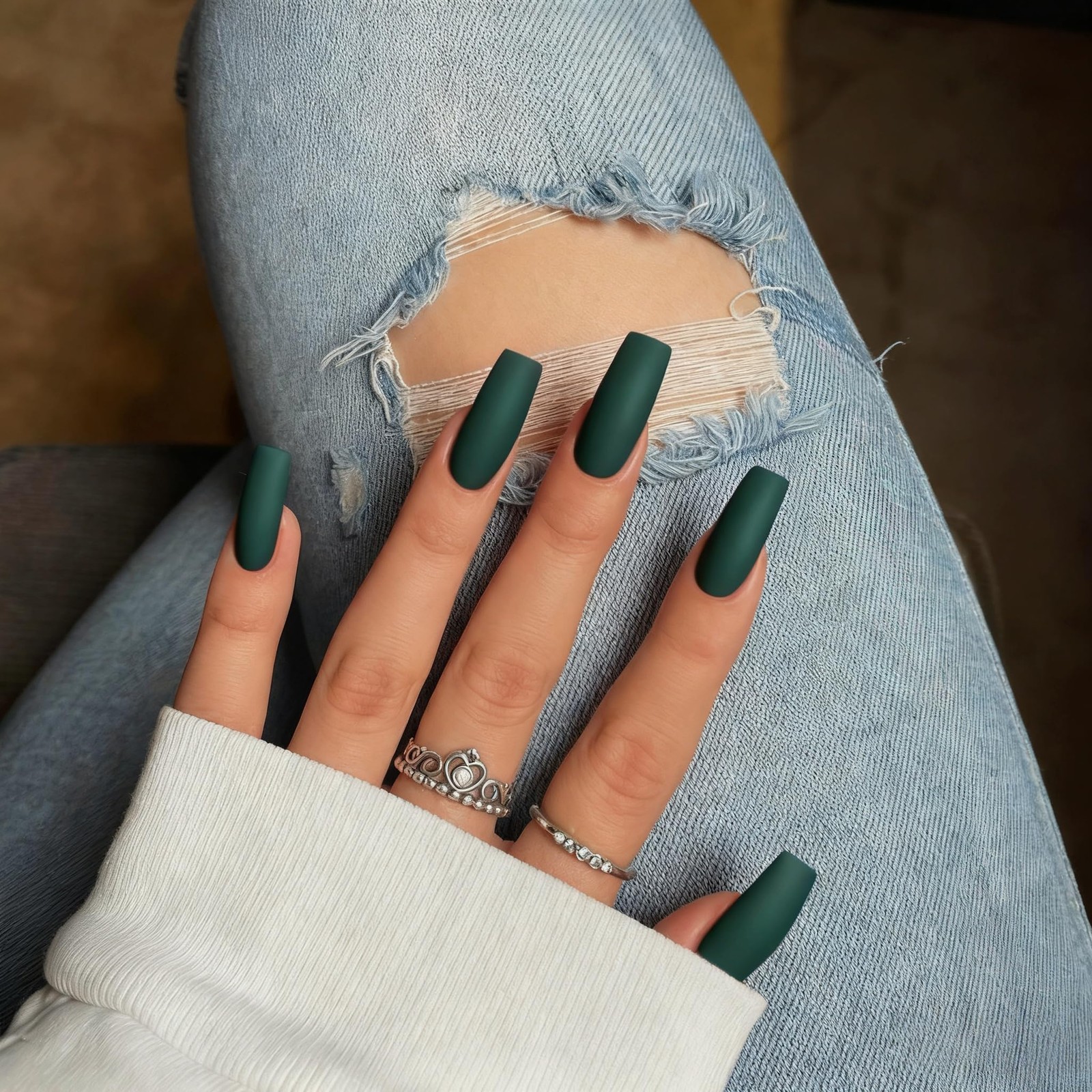 Matte Dark Green Press On Nails Medium Long Square, Medium Coffin Nails Acryl…