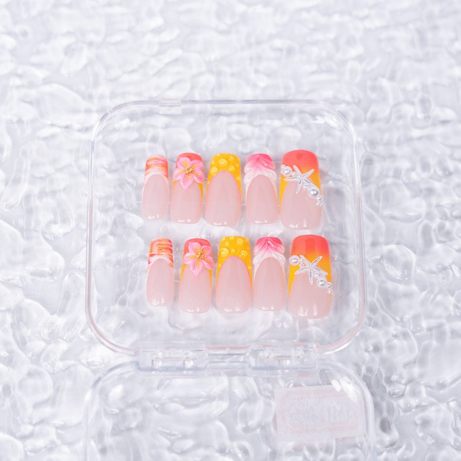 Handmade Orange Pink Gradient Press on Nails Starfish Pearl Glossy Fake Nails