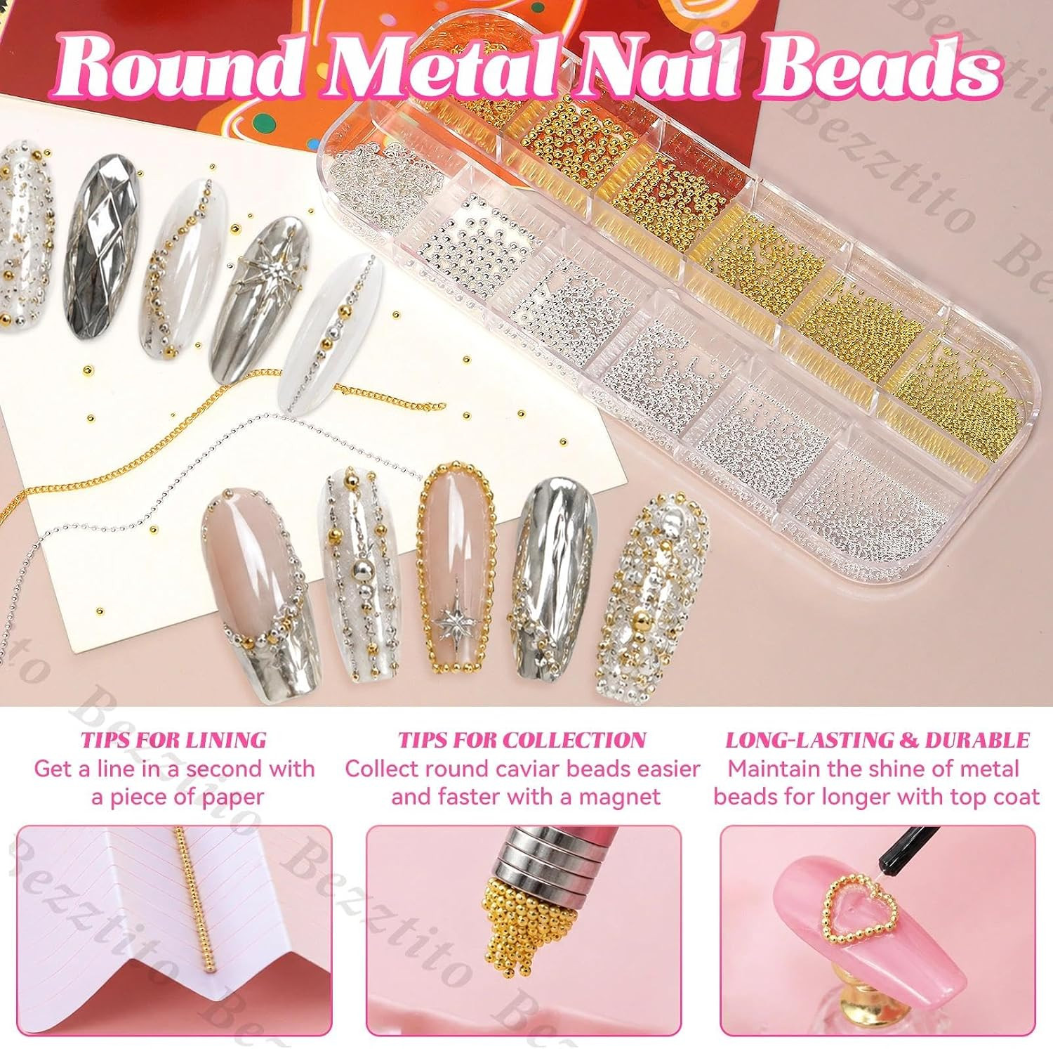 Gold Silver Caviar Beads 0.8-2Mm, Nail Chains & Metal Beads Kit | round Metal Na
