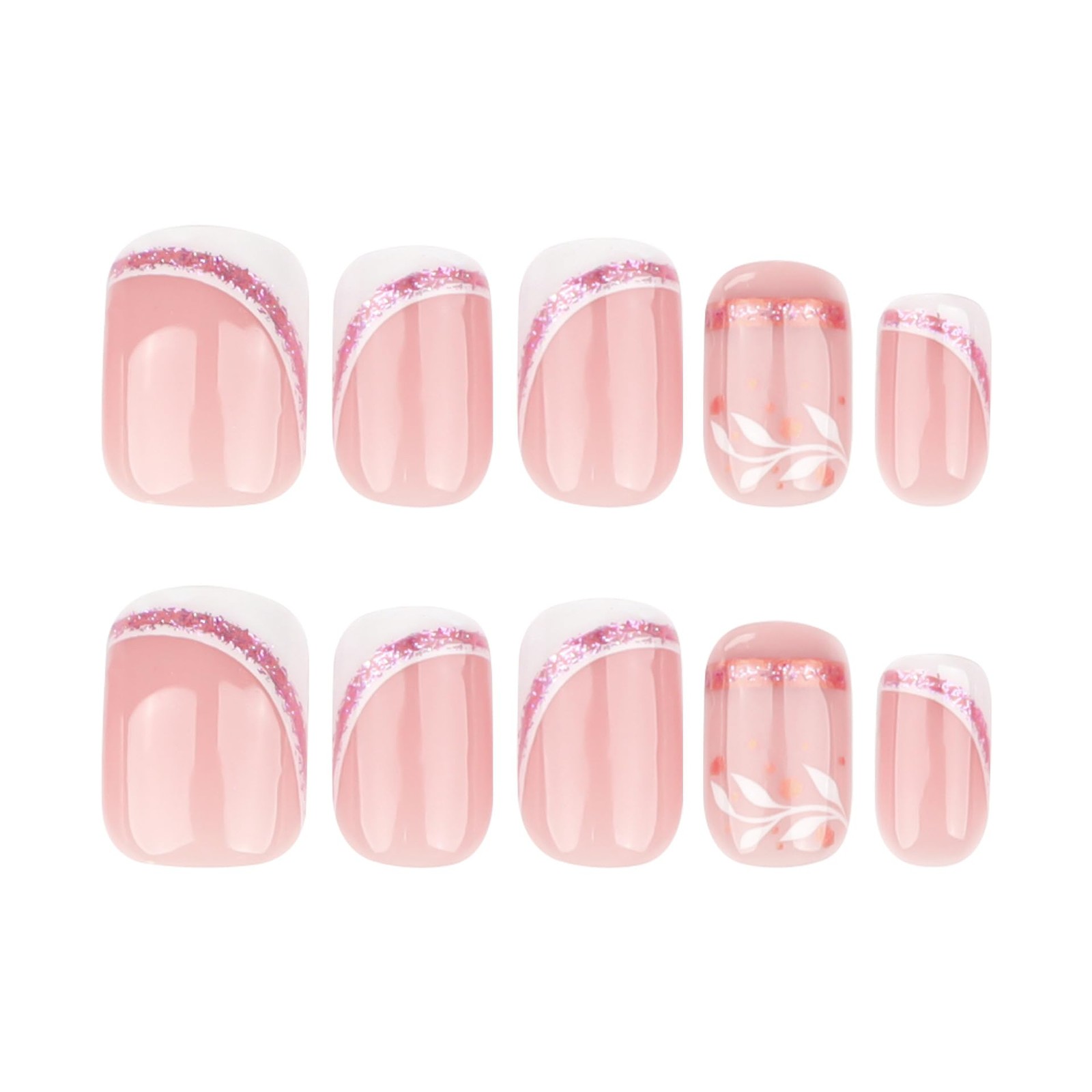 French Press on Nails Short Square – Nude Fake Nails Press ons with White Fre…