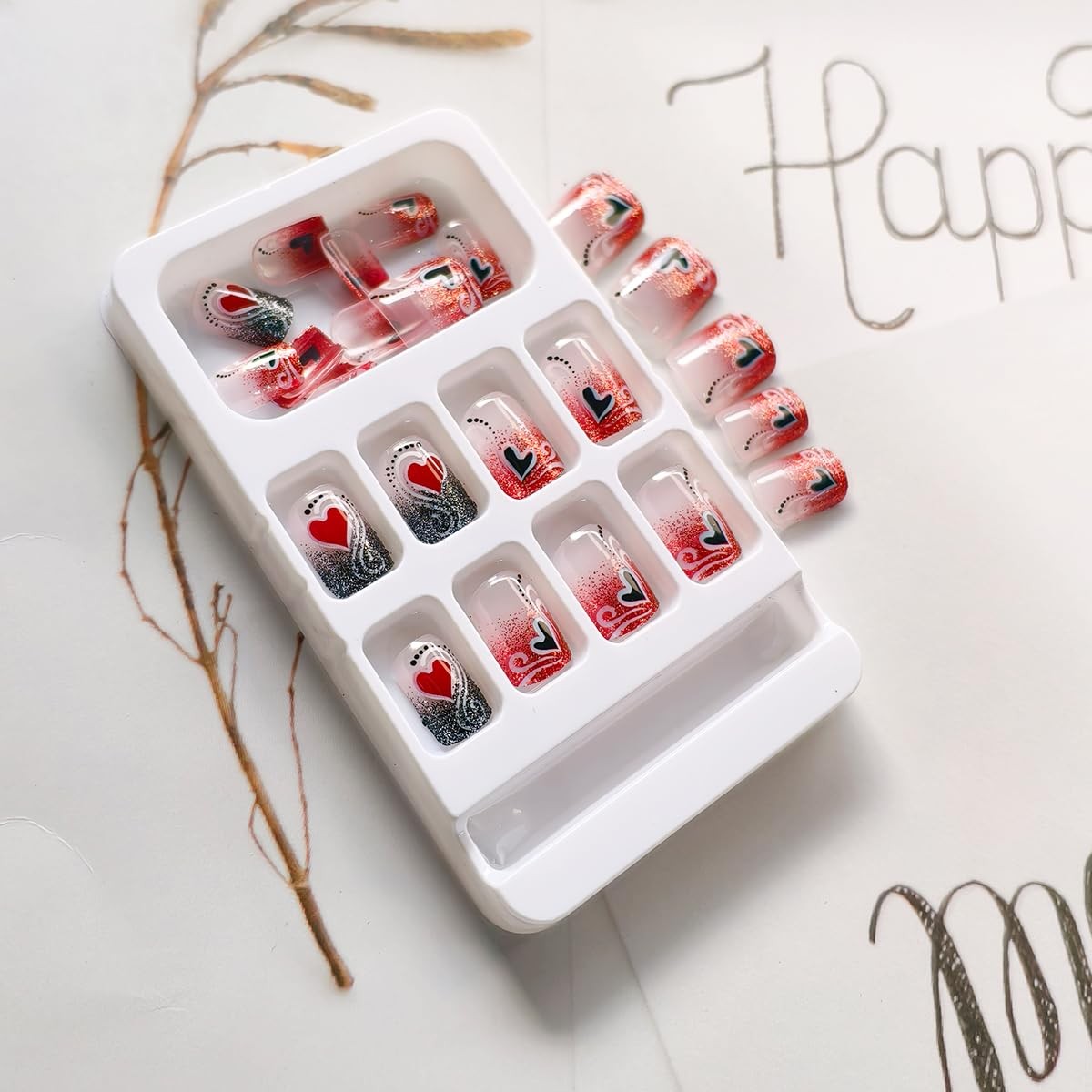 24Pcs Valentine’s Day Press on Nails Short Square French Tip Fake Nails Heart…