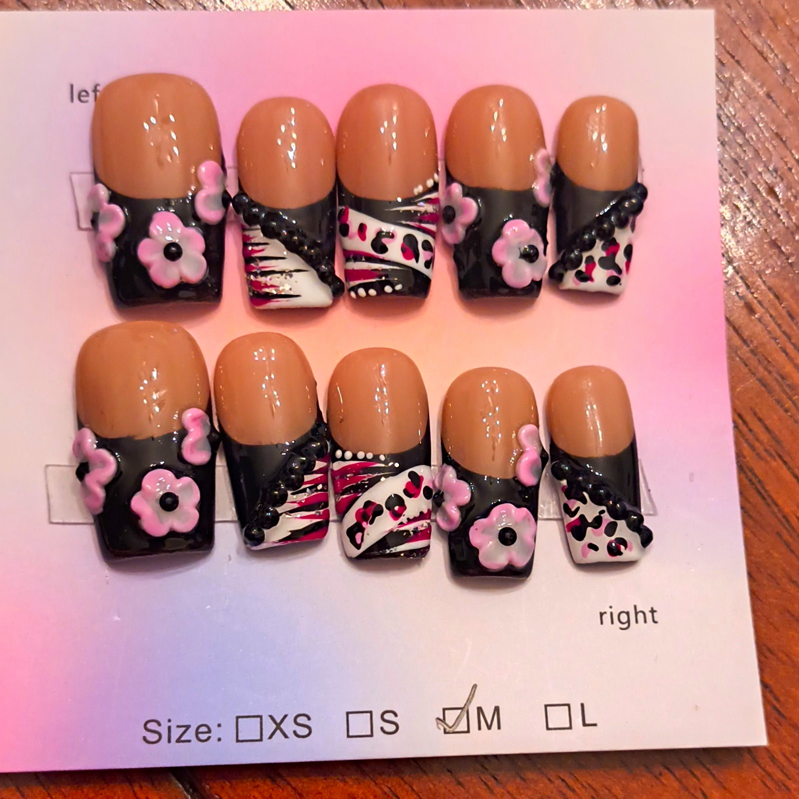 Press-On Nails Medium Square Beige Black Pink White 3D Floral Full Cover