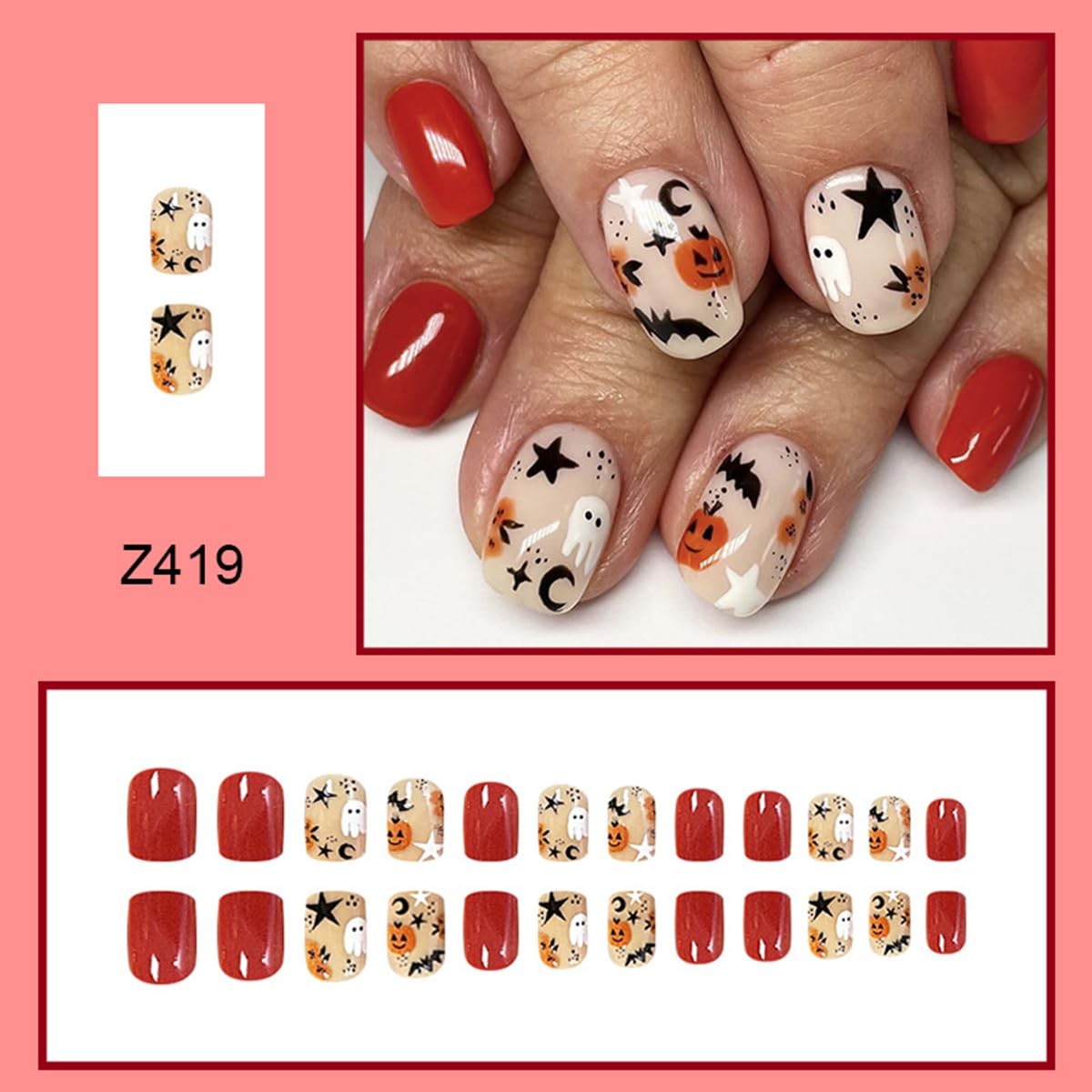 24 Pcs Halloween Press on Nails Short Square – Fake Nails Orange French Cute …