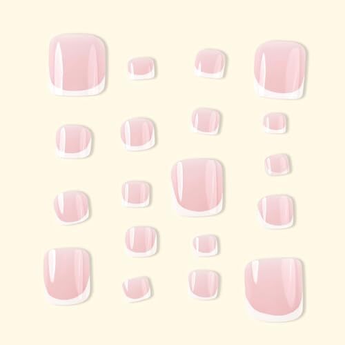 French Tip Press on Toenails Short Square Pink Fake Toe Nails Summer design2