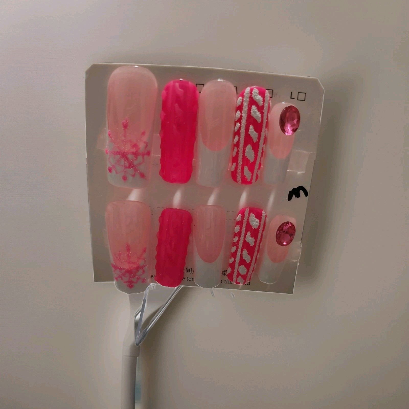 Long Square Pink White 3D Shimmer Snowflake Winter Press-On Nails Full Cover