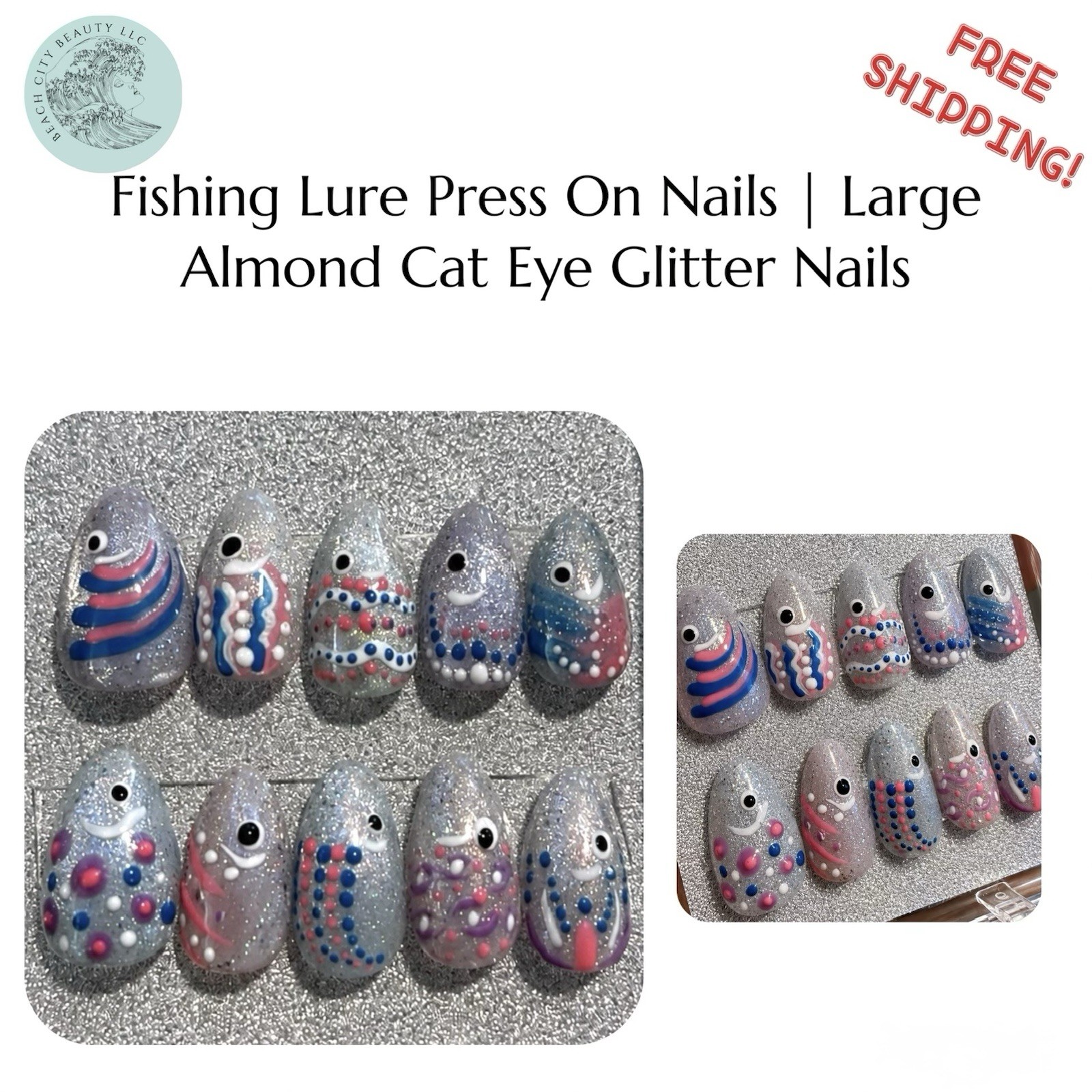 Fishing Lure Press On Nails | Large Almond Cat Eye Glitter Nails