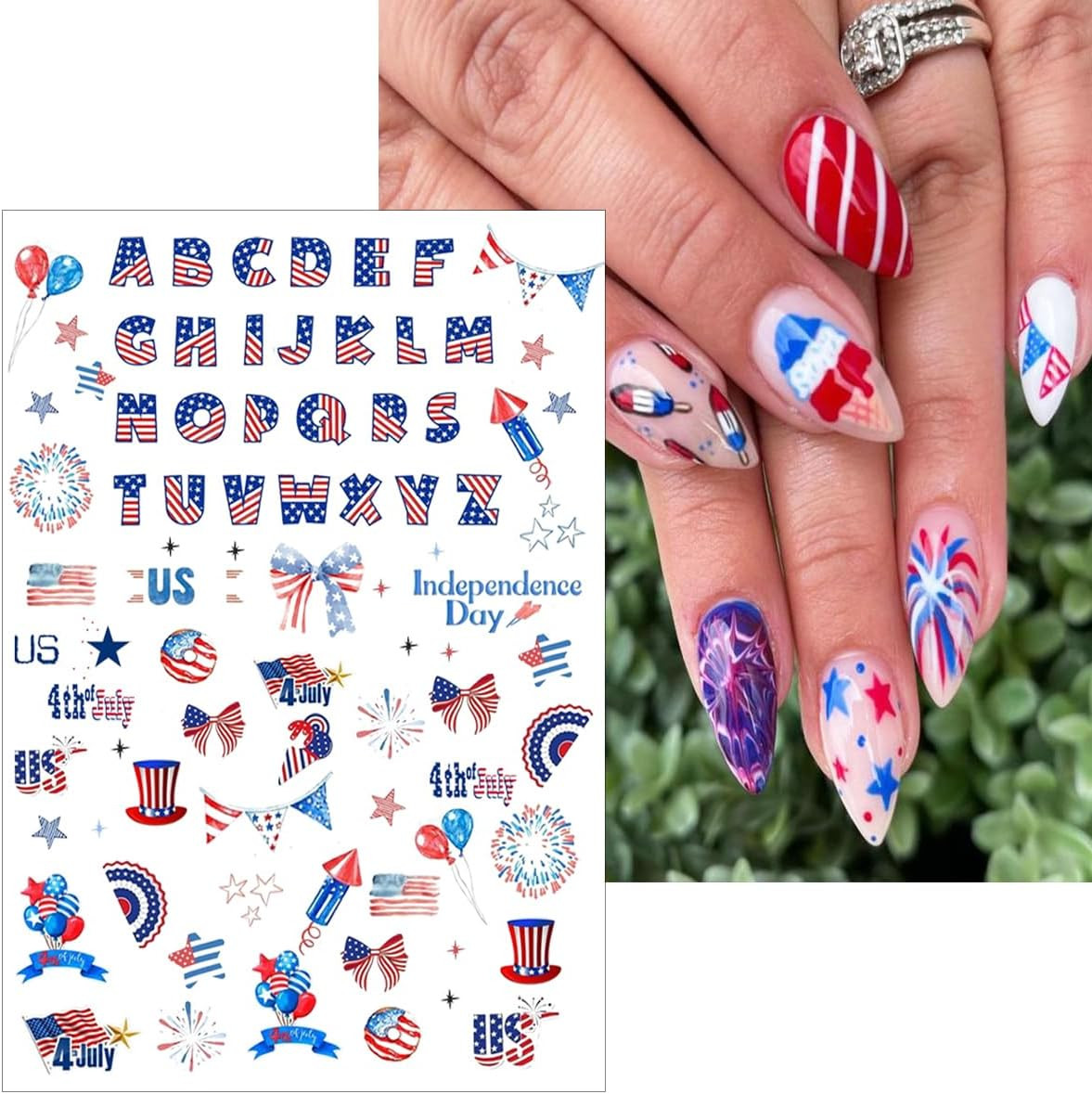 6 Sheets 4Th of July Nail Stickers for Nail Art 3D Self Adhesive Independence Da