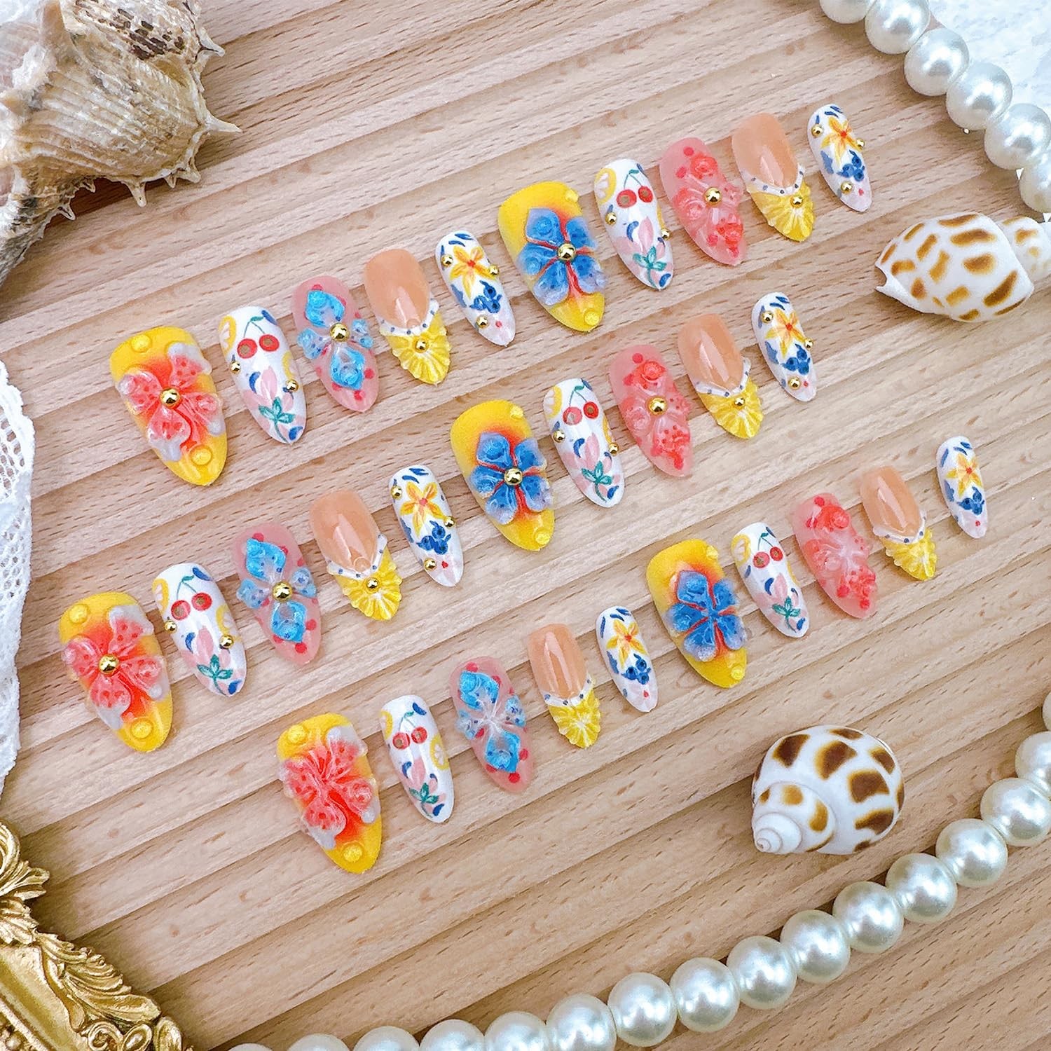 30Pcs Summer Press on Nails Medium Almond 3D Lemon French Medium, Multicolor