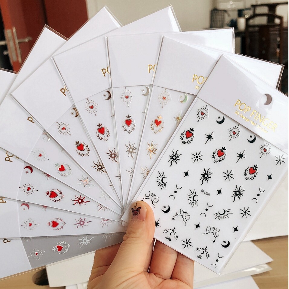 Sun Moon Stars Totem Nail Stickers Red Heart Galaxy Self Adhesive Nail Decals