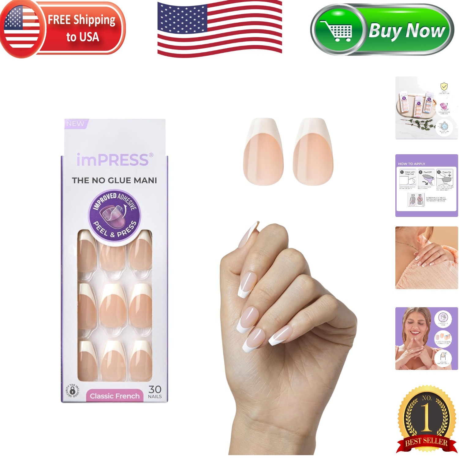 Chic KISS No Glue French Nails – 30 Coffin Tips & Tools for Stylish Manicure