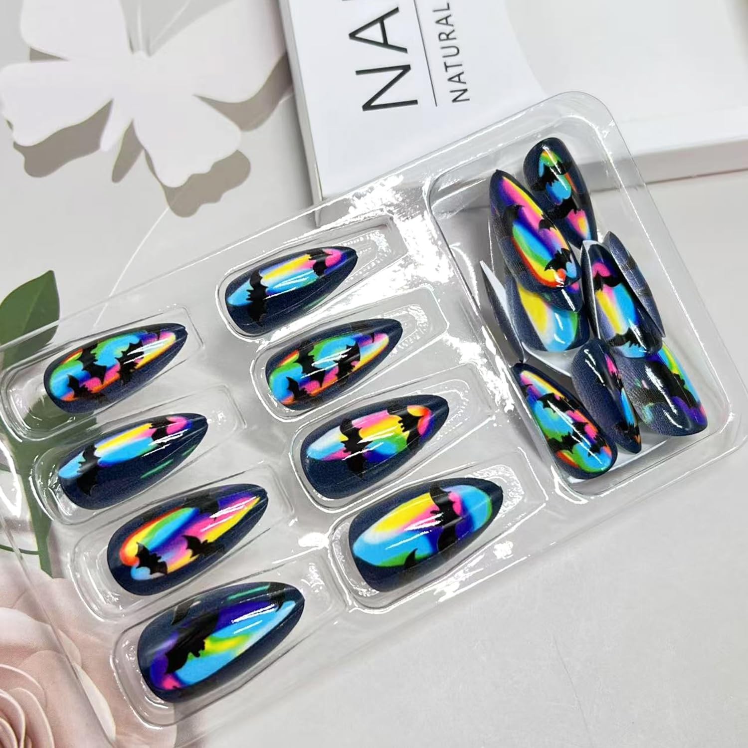 Rainbow Halloween Press on Nails Medium Almond Fake Nails Halloween Black Bat…