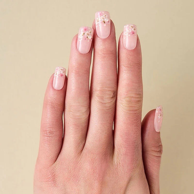 Kleo Kolor 30 Press-On Gel Nails~Floral Fields~Baby Pink & Flower~Long Square