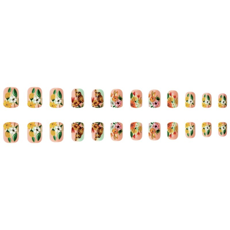 48PCS oval Easter bunny flower nail press, reusable pink fake nail art