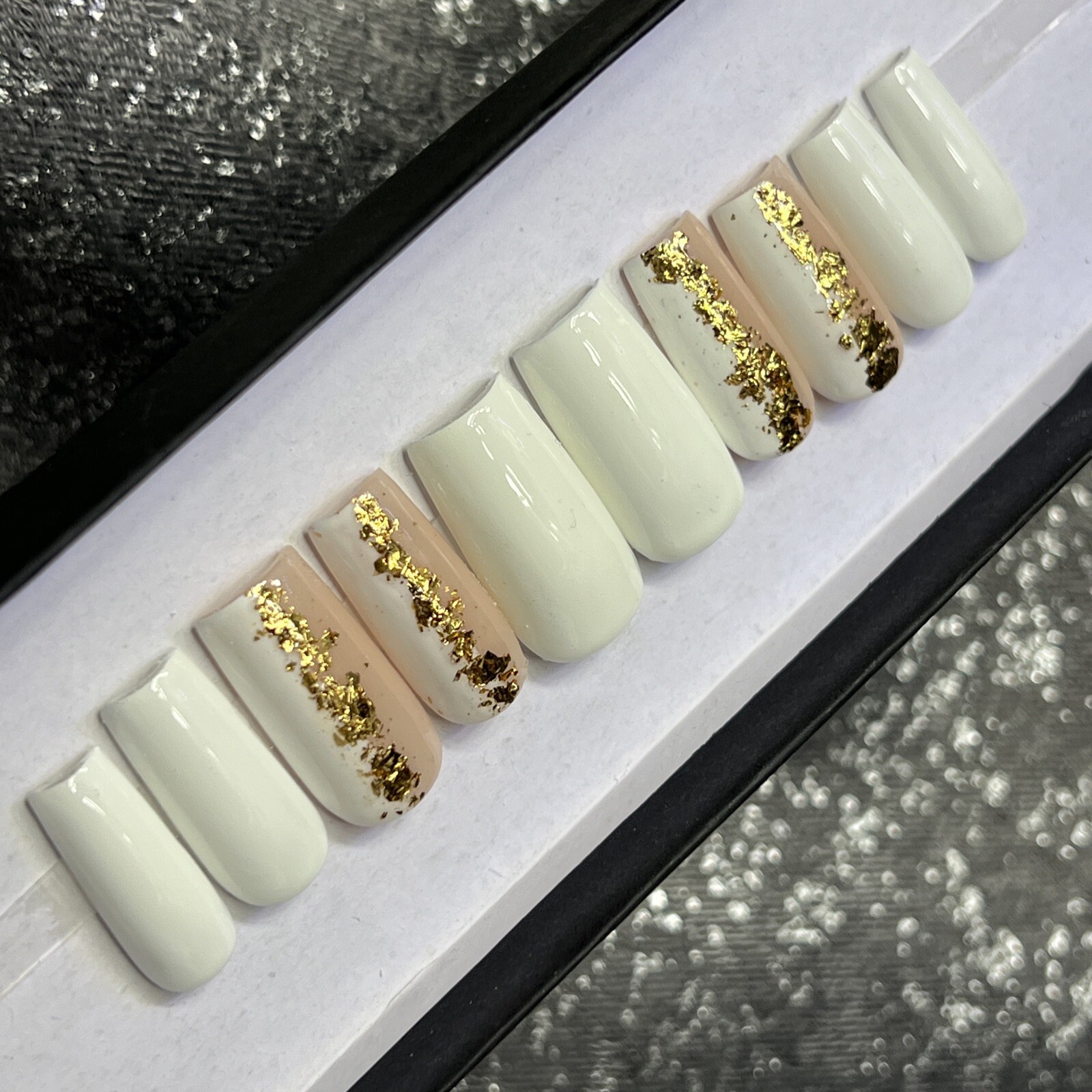 🤍 CUSTOM Gel Press On Nails, White Gold Flakes 10p FULL SET W Kit Square M