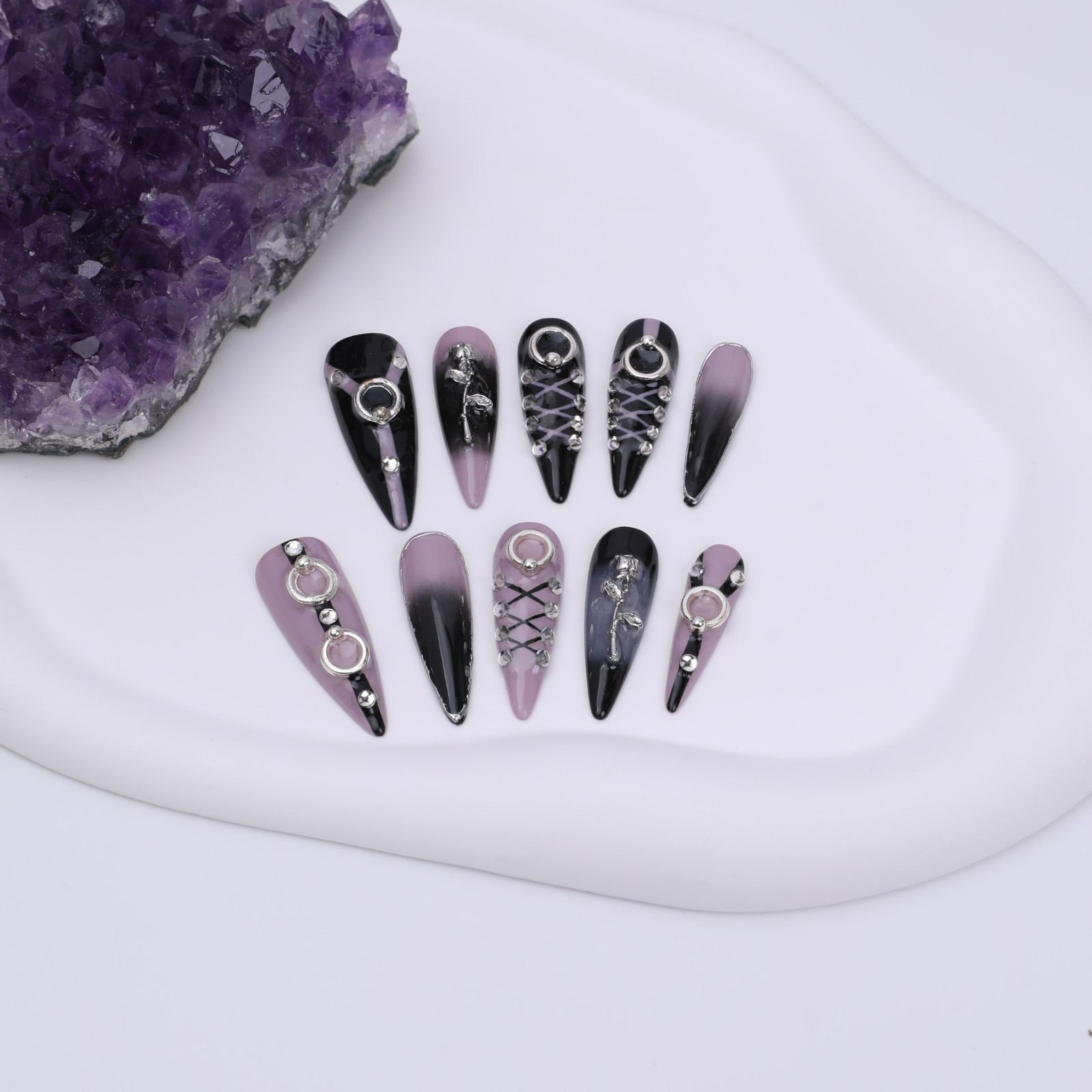 Black Purple Stiletto Press On Nails Long Gothic Rhinestone Reusable Set Glue On