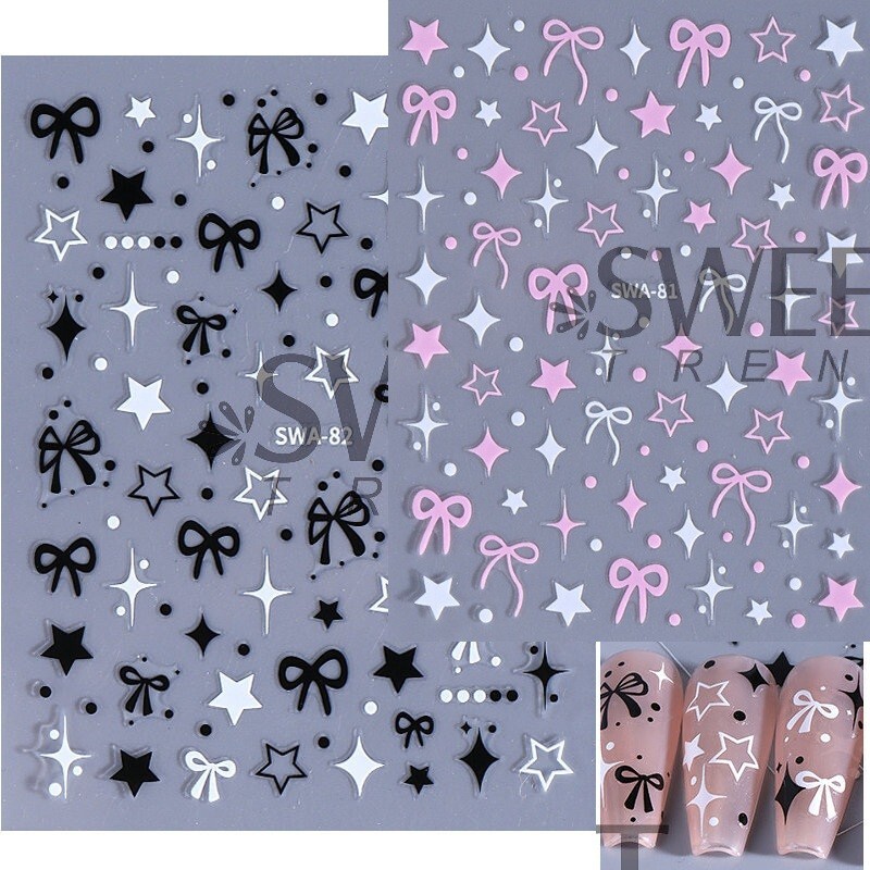 2 Sheets Nail Art Pink Black White Bow Star Self-Adhesive Stickers SWA81/82 NH28