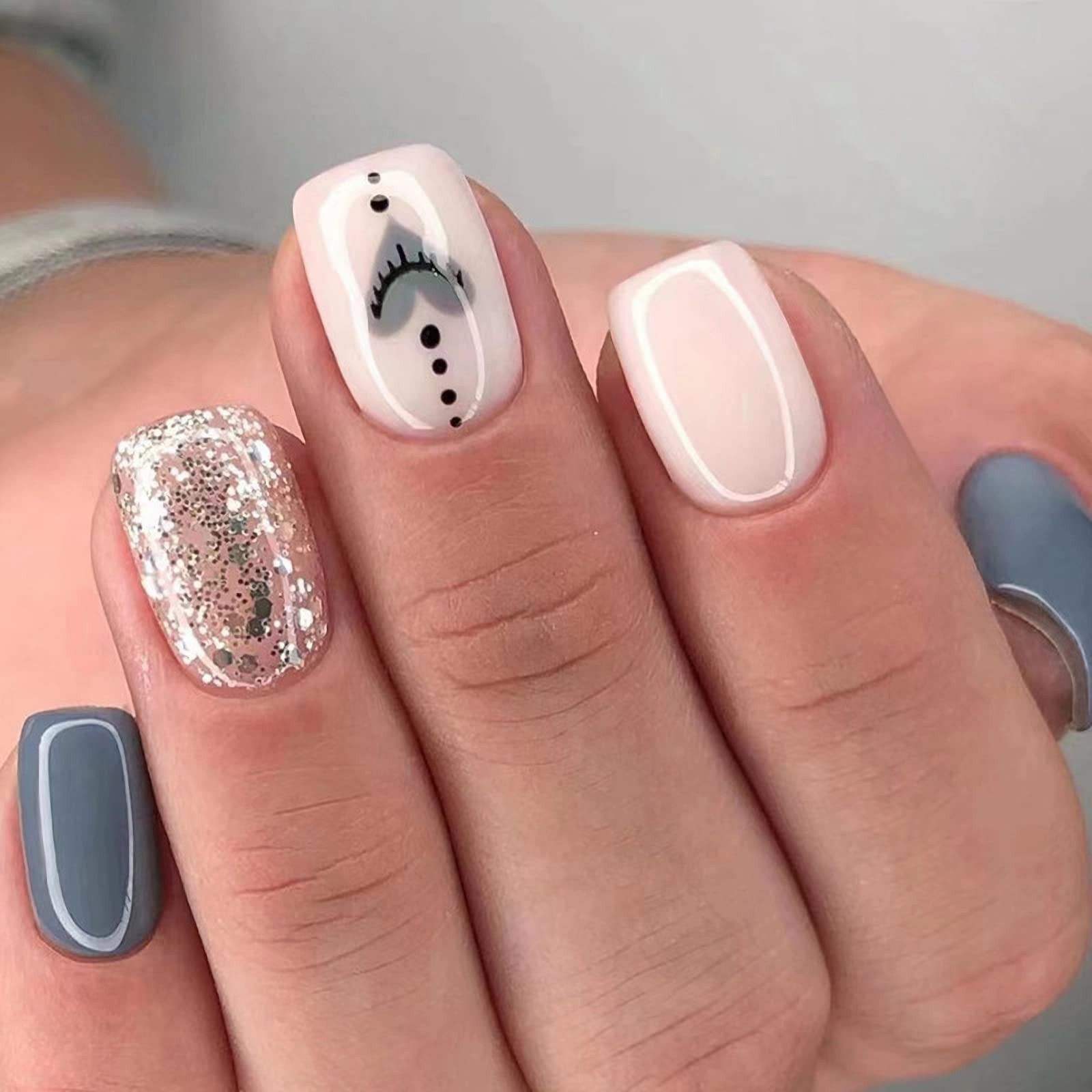 Press on Nails – Short Square Fake Nails with Gray Blue, Acrylic Bling Glitte…
