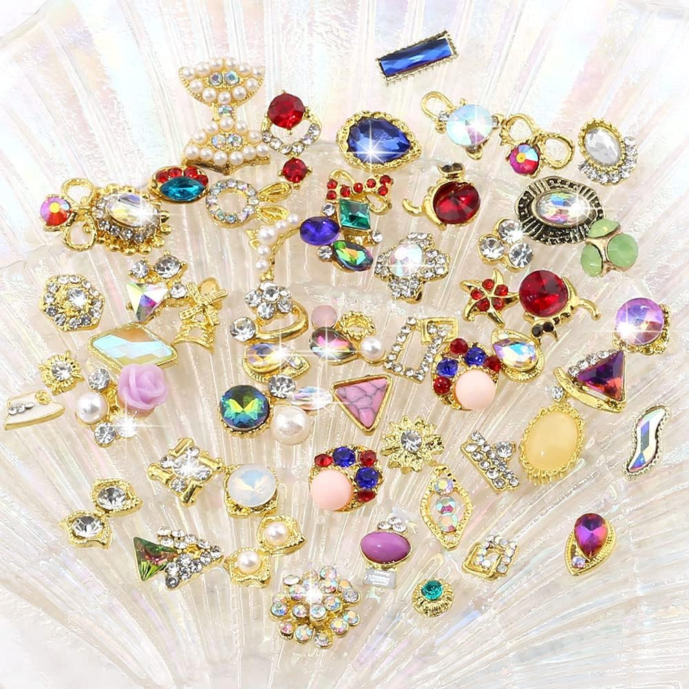 50Pcs 3D Gold Nail Charms for Acrylic Nails Mix Styles Rhinestones for Nails Met