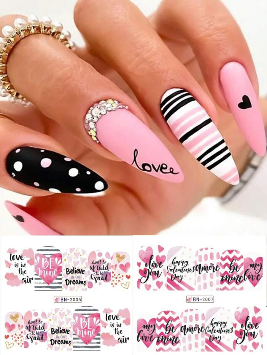 12 x Nail Stickers Valentines Day Art Water Decal Love Heart Sheets